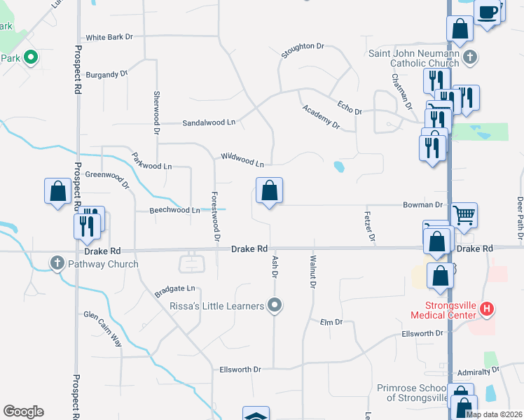 map of restaurants, bars, coffee shops, grocery stores, and more near 19955 Bowman Drive in Strongsville