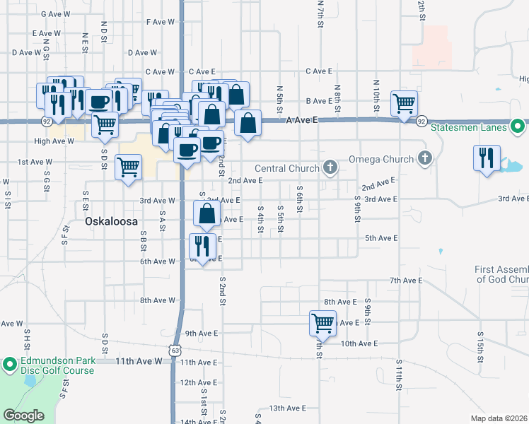 map of restaurants, bars, coffee shops, grocery stores, and more near 400-498 South 4th Street in Oskaloosa