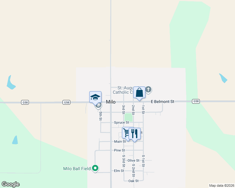 map of restaurants, bars, coffee shops, grocery stores, and more near 512 3rd Street in Milo