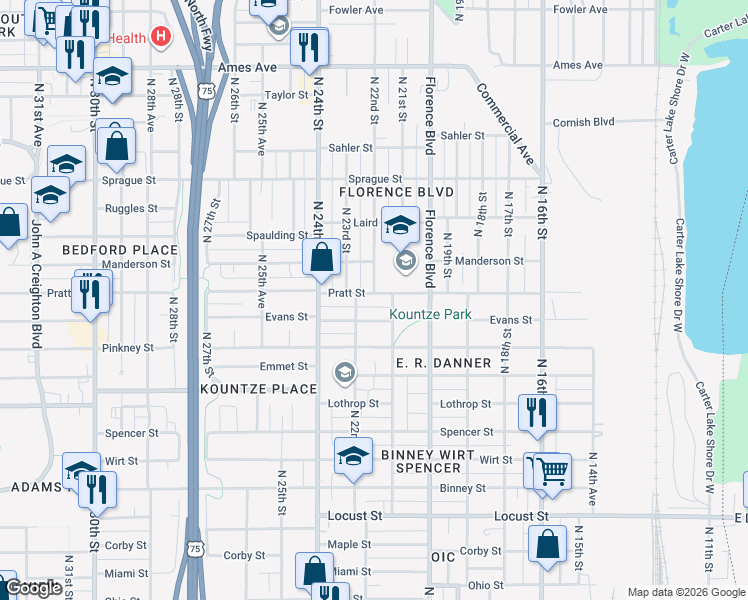 map of restaurants, bars, coffee shops, grocery stores, and more near 2111 Pratt Street in Omaha