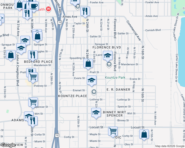 map of restaurants, bars, coffee shops, grocery stores, and more near 2211 Pratt Street in Omaha
