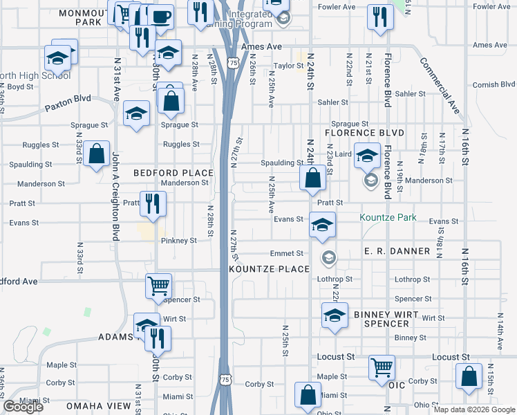 map of restaurants, bars, coffee shops, grocery stores, and more near 2569 Pratt Street in Omaha