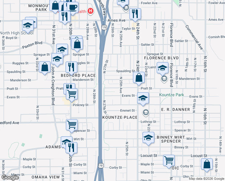 map of restaurants, bars, coffee shops, grocery stores, and more near 2569 Pratt Street in Omaha