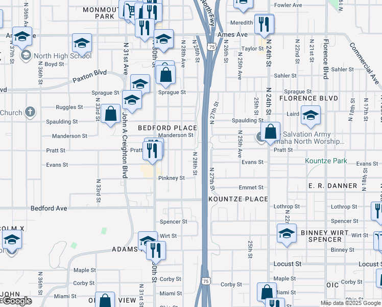 map of restaurants, bars, coffee shops, grocery stores, and more near 3538 North 28th Street in Omaha