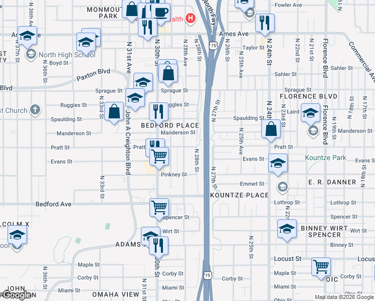 map of restaurants, bars, coffee shops, grocery stores, and more near 3538 North 28th Street in Omaha