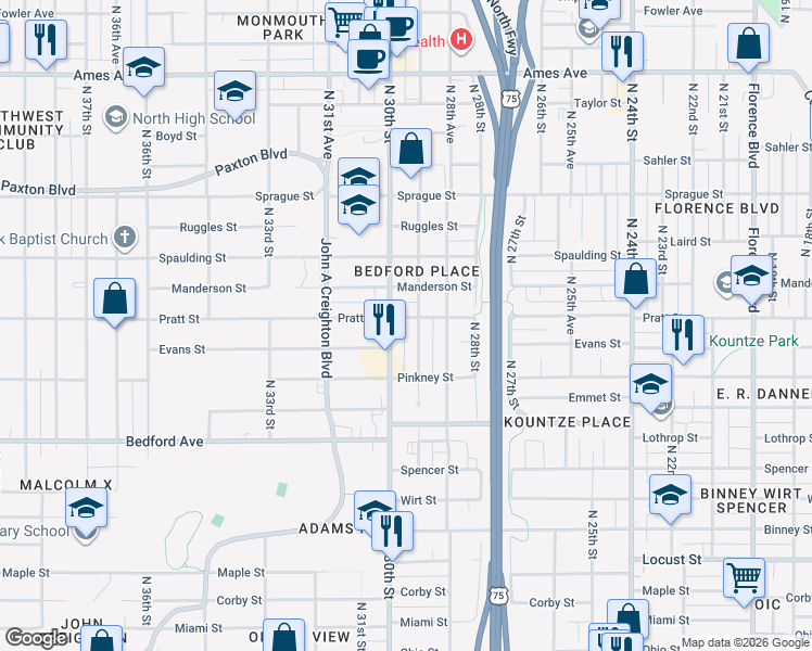 map of restaurants, bars, coffee shops, grocery stores, and more near 3611 North 30th Street in Omaha