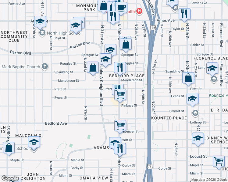 map of restaurants, bars, coffee shops, grocery stores, and more near 3029 Pratt Street in Omaha