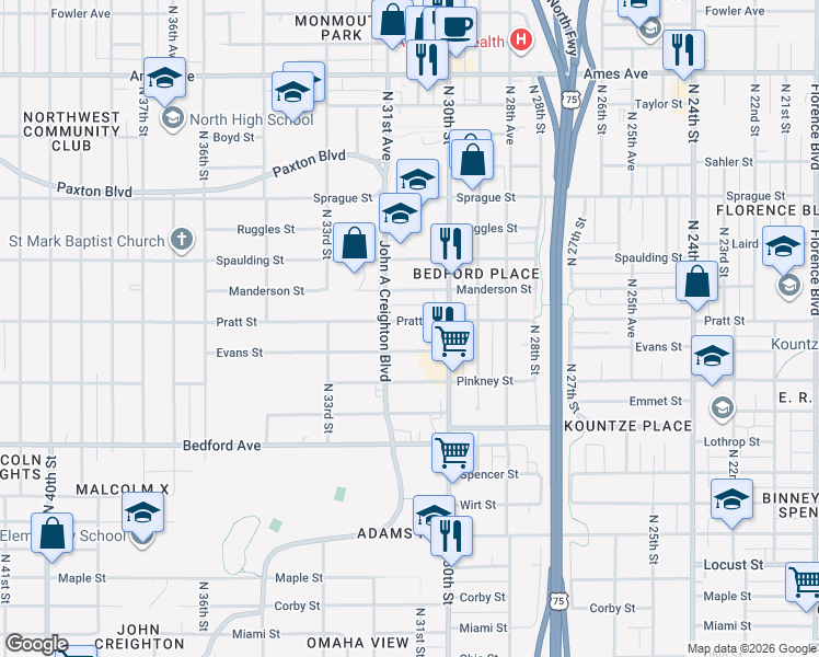 map of restaurants, bars, coffee shops, grocery stores, and more near 3029 Pratt Street in Omaha
