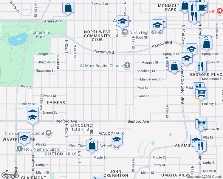 map of restaurants, bars, coffee shops, grocery stores, and more near 3552 North 38th Street in Omaha