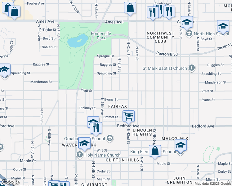 map of restaurants, bars, coffee shops, grocery stores, and more near 4309 Pratt Street in Omaha