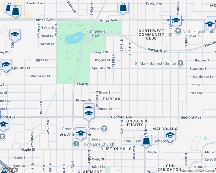 map of restaurants, bars, coffee shops, grocery stores, and more near 4309 Pratt Street in Omaha
