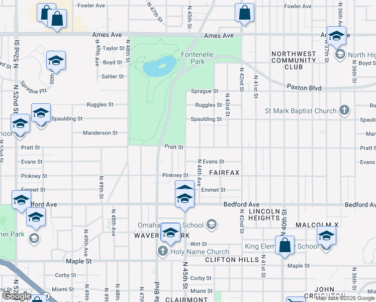 map of restaurants, bars, coffee shops, grocery stores, and more near 4475 Pratt Street in Omaha