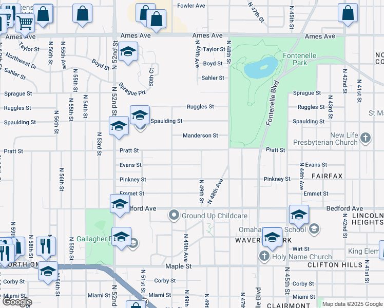 map of restaurants, bars, coffee shops, grocery stores, and more near 3620 North 49th Street in Omaha
