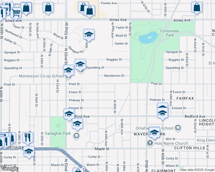 map of restaurants, bars, coffee shops, grocery stores, and more near 4935 Pratt Street in Omaha