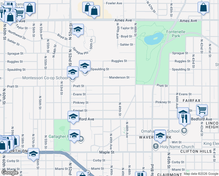 map of restaurants, bars, coffee shops, grocery stores, and more near 4935 Pratt Street in Omaha