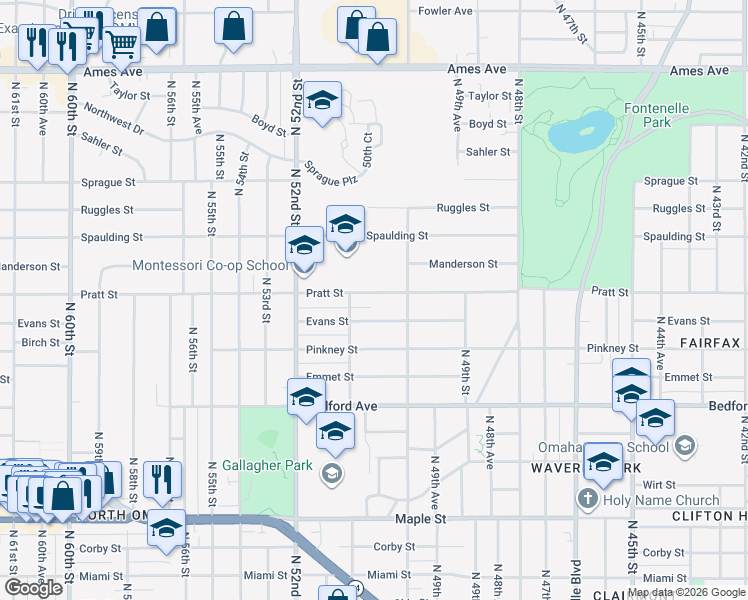 map of restaurants, bars, coffee shops, grocery stores, and more near 5019 Pratt Street in Omaha
