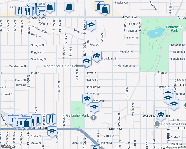 map of restaurants, bars, coffee shops, grocery stores, and more near 5127 Pratt Street in Omaha