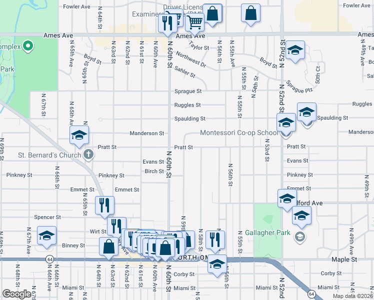 map of restaurants, bars, coffee shops, grocery stores, and more near 3559 North 59th Street in Omaha