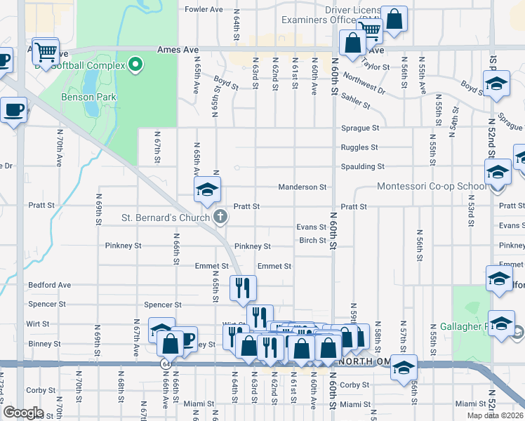 map of restaurants, bars, coffee shops, grocery stores, and more near 6139 Pratt Street in Omaha