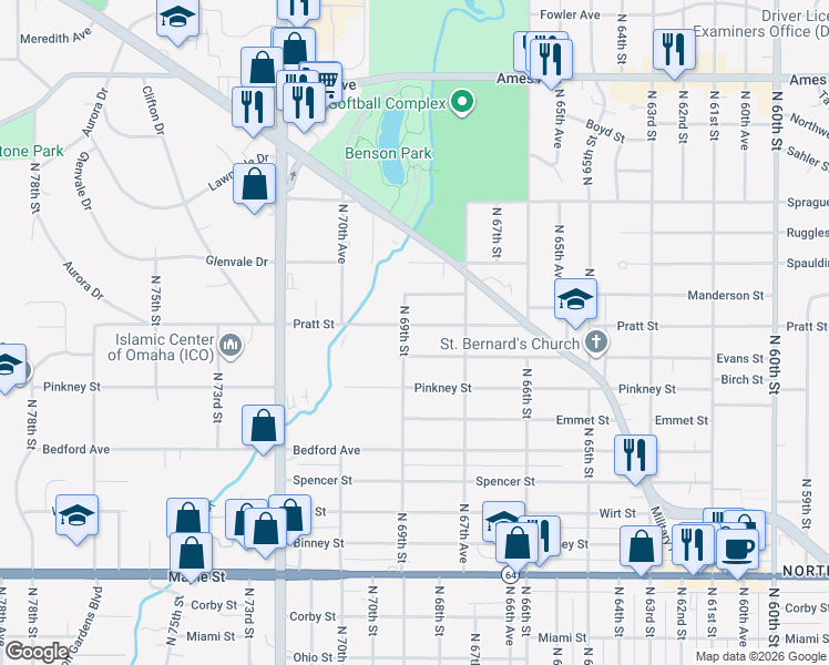 map of restaurants, bars, coffee shops, grocery stores, and more near 6779 Pratt Street in Omaha