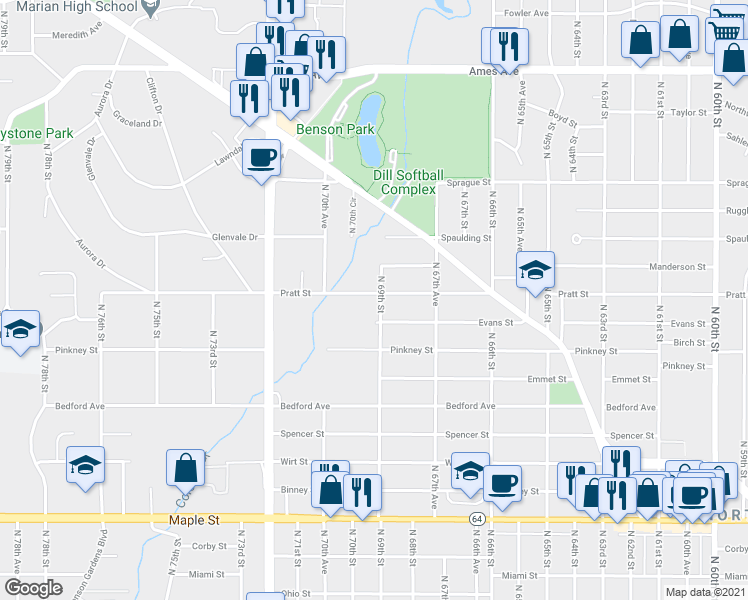 map of restaurants, bars, coffee shops, grocery stores, and more near 6905 Pratt Street in Omaha