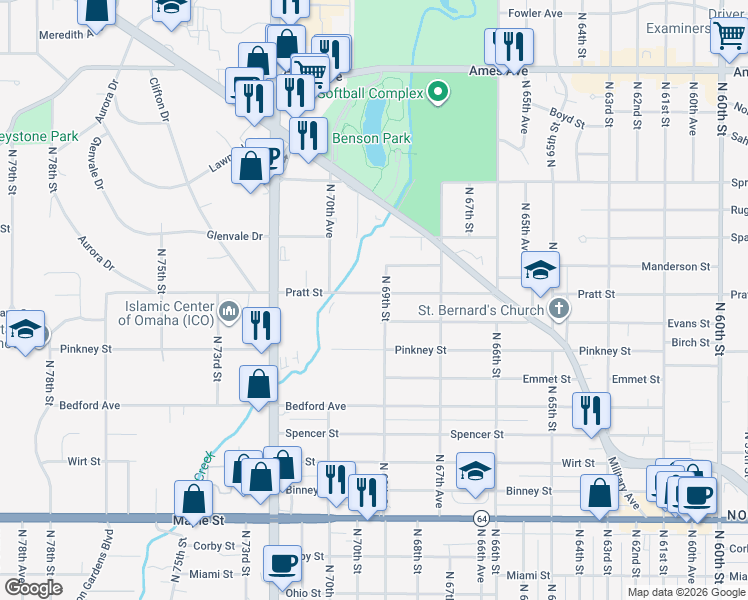 map of restaurants, bars, coffee shops, grocery stores, and more near 6905 Pratt Street in Omaha