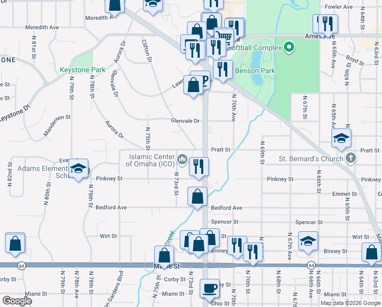 map of restaurants, bars, coffee shops, grocery stores, and more near 7237 Pratt Street in Omaha