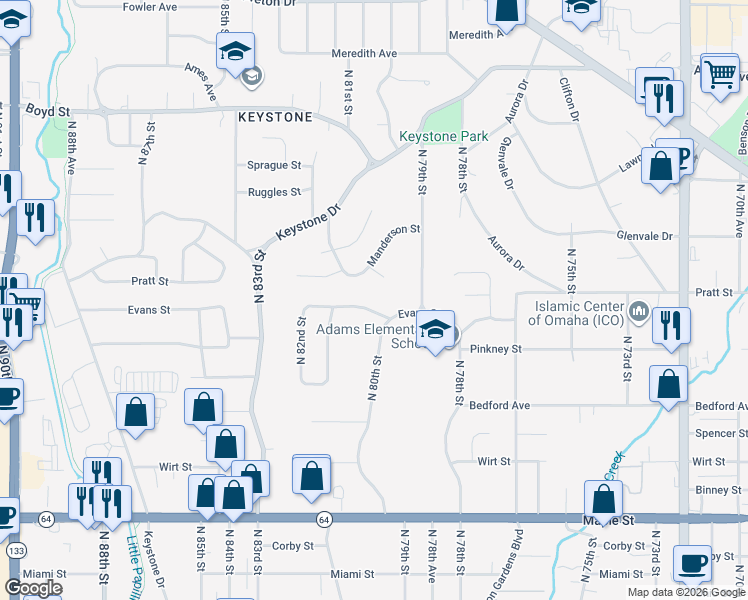 map of restaurants, bars, coffee shops, grocery stores, and more near 8014 Evans Street in Omaha