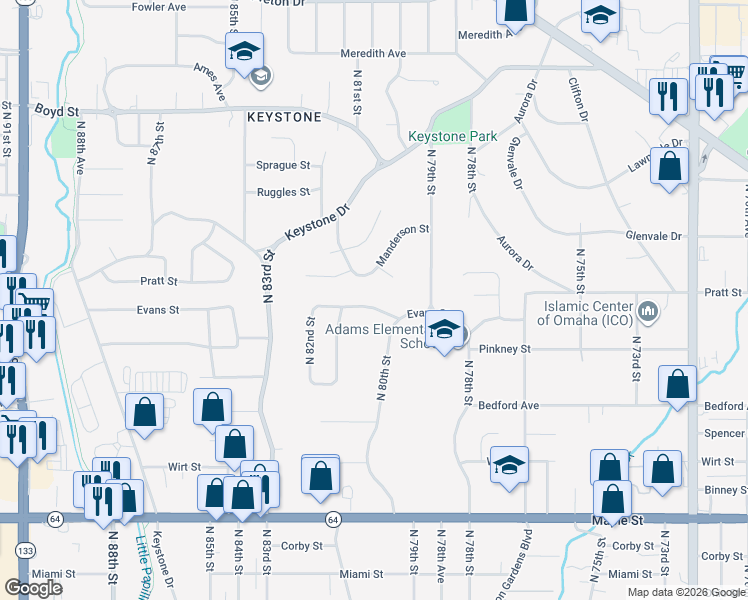 map of restaurants, bars, coffee shops, grocery stores, and more near 8014 Evans Street in Omaha