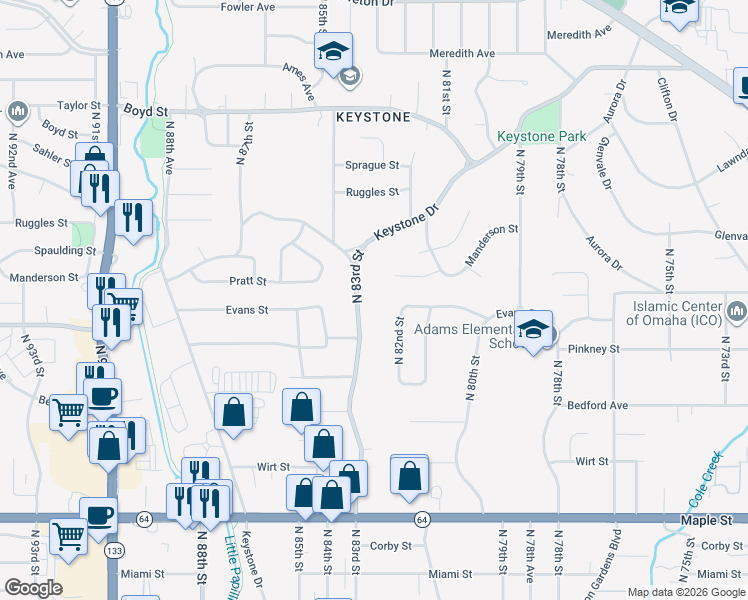 map of restaurants, bars, coffee shops, grocery stores, and more near 3633 North 83rd Street in Omaha