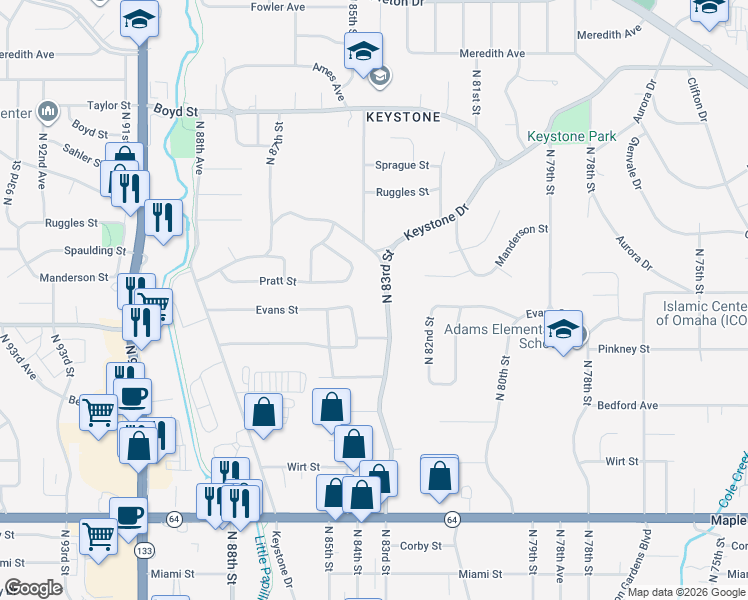 map of restaurants, bars, coffee shops, grocery stores, and more near 3633 North 83rd Street in Omaha