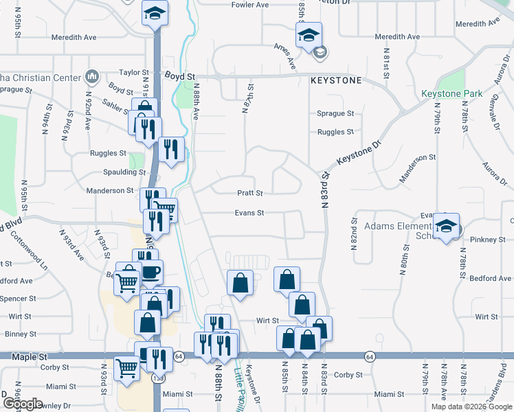map of restaurants, bars, coffee shops, grocery stores, and more near 8536 Evans Street in Omaha