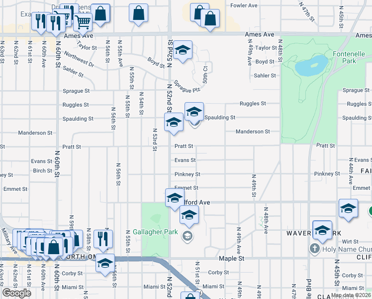 map of restaurants, bars, coffee shops, grocery stores, and more near 5127 Pratt Street in Omaha