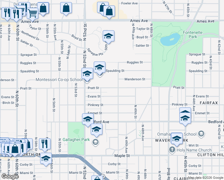 map of restaurants, bars, coffee shops, grocery stores, and more near 5019 Pratt Street in Omaha