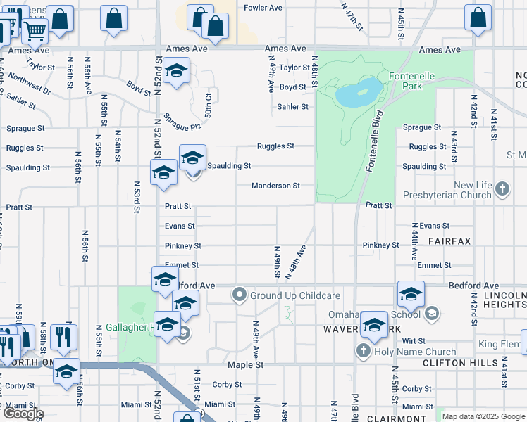 map of restaurants, bars, coffee shops, grocery stores, and more near 3620 North 49th Street in Omaha