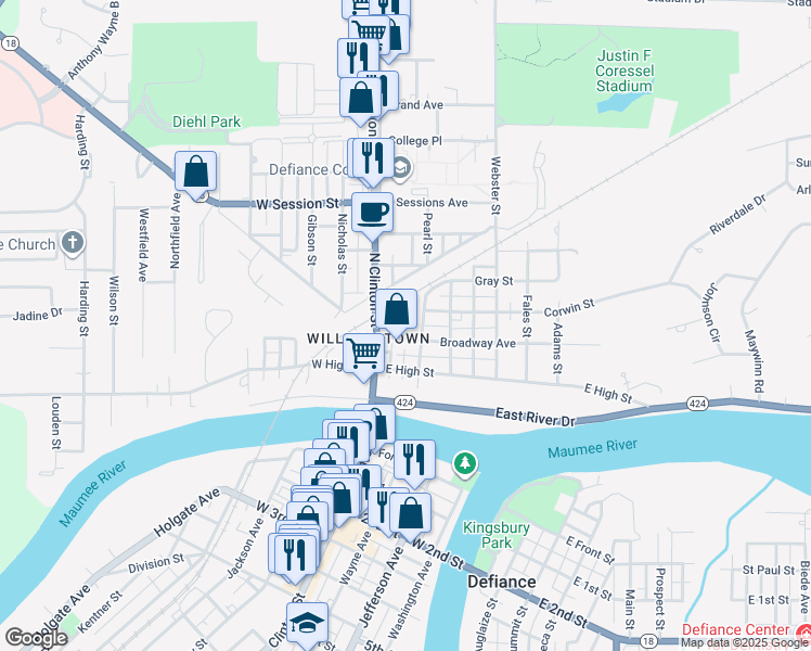 map of restaurants, bars, coffee shops, grocery stores, and more near 140 Broadway Avenue in Defiance