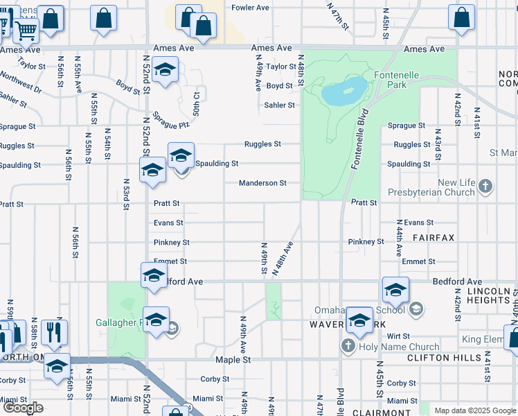 map of restaurants, bars, coffee shops, grocery stores, and more near 3620 North 49th Street in Omaha