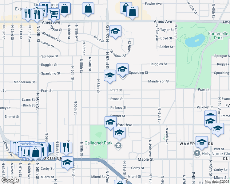 map of restaurants, bars, coffee shops, grocery stores, and more near 5127 Pratt Street in Omaha
