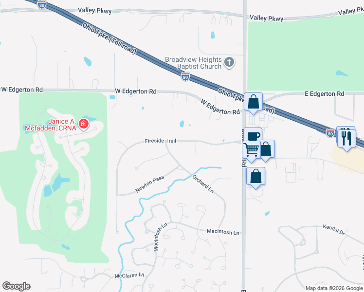 map of restaurants, bars, coffee shops, grocery stores, and more near 1127 Fireside Trail in Broadview Heights