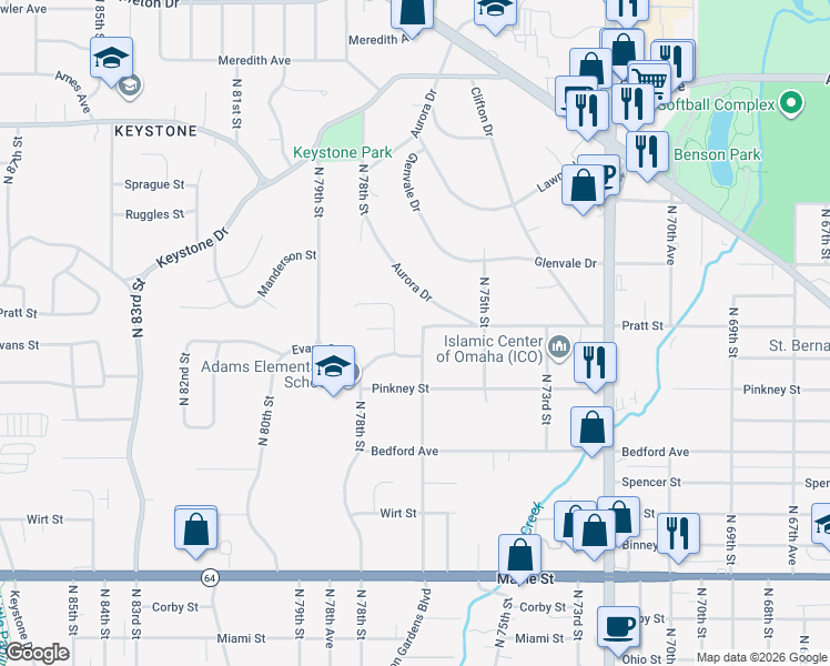 map of restaurants, bars, coffee shops, grocery stores, and more near 3624 North 76th Street in Omaha