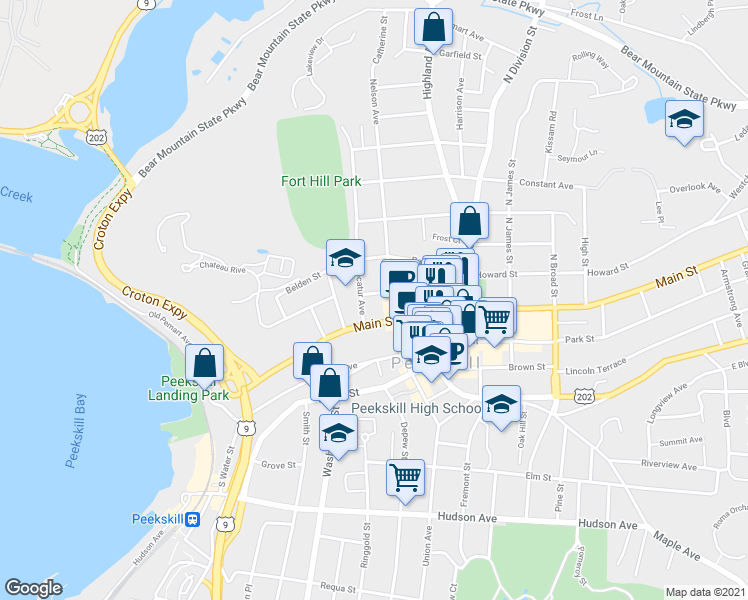 map of restaurants, bars, coffee shops, grocery stores, and more near 831 John Street in Peekskill