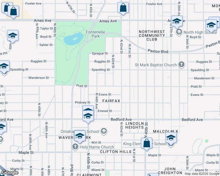 map of restaurants, bars, coffee shops, grocery stores, and more near 4309 Pratt Street in Omaha