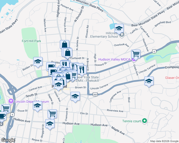 map of restaurants, bars, coffee shops, grocery stores, and more near 1138 Main Street in Peekskill
