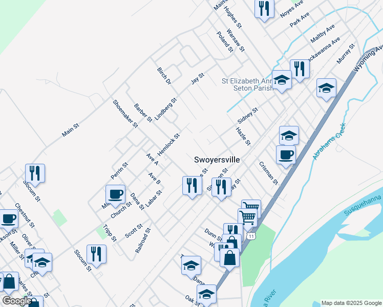 map of restaurants, bars, coffee shops, grocery stores, and more near 39 Gillespie Street in Swoyersville