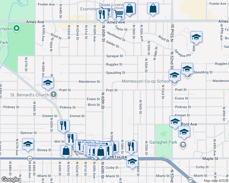 map of restaurants, bars, coffee shops, grocery stores, and more near 3559 N 59th St in Omaha
