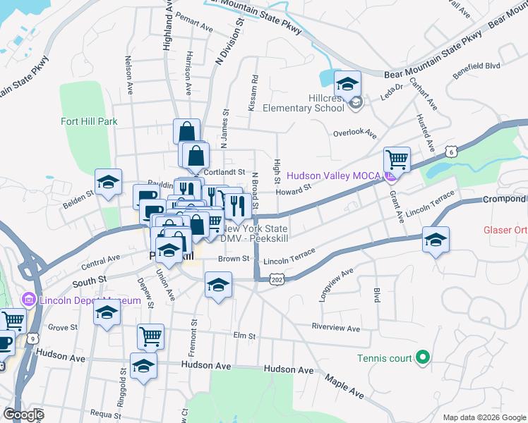 map of restaurants, bars, coffee shops, grocery stores, and more near 1138 Main Street in Peekskill
