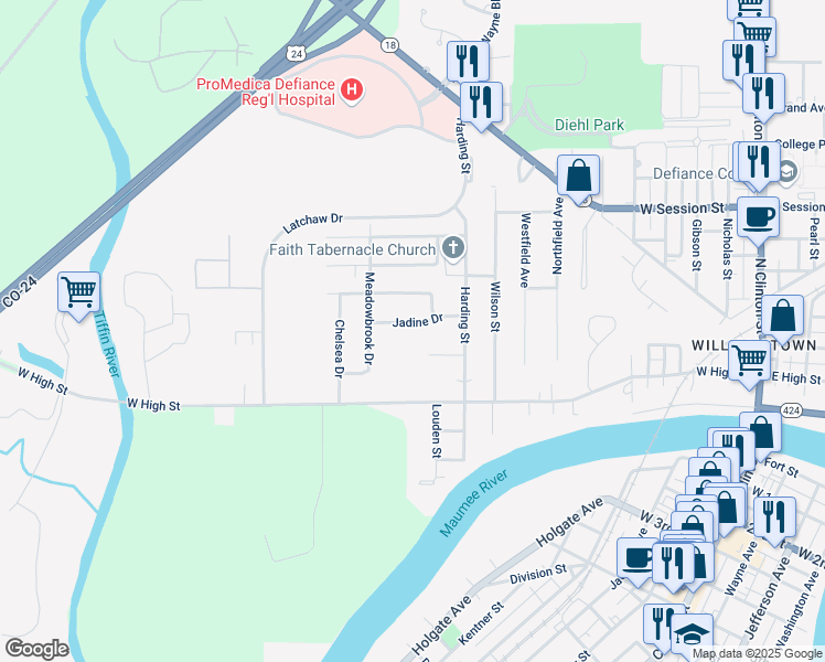 map of restaurants, bars, coffee shops, grocery stores, and more near 611 Jadine Drive in Defiance