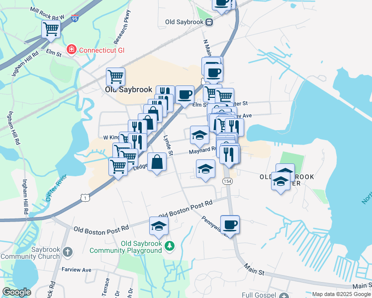 map of restaurants, bars, coffee shops, grocery stores, and more near 59 Maynard Road in Old Saybrook