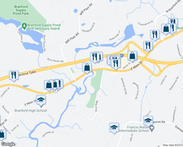map of restaurants, bars, coffee shops, grocery stores, and more near 269 East Main Street in Branford