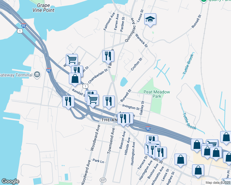 map of restaurants, bars, coffee shops, grocery stores, and more near 1300 Townsend Ave in New Haven